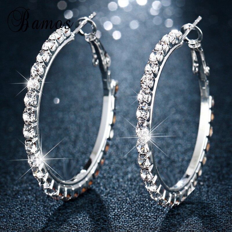 Bamos Simple Geometric Hoop Earrings For Women Luxury White Rhinestone Circle Earrings Wedding Crystal Jewelry