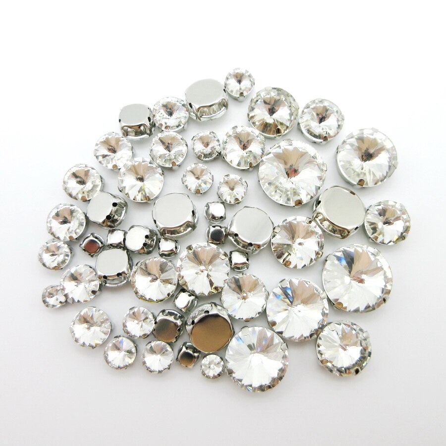 Mix Rivoli ronde vorm 7 maten zilveren klauw instellen clear crystal strass naaien op strass kralen trouwjurk schoenen diy trim: Mix Sizes 50PCS