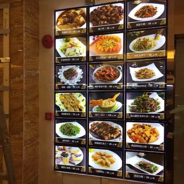 Restaurant vægmonteret akryl led baggrundsbelyst menupanel display  a4 magnetiske lyskasser