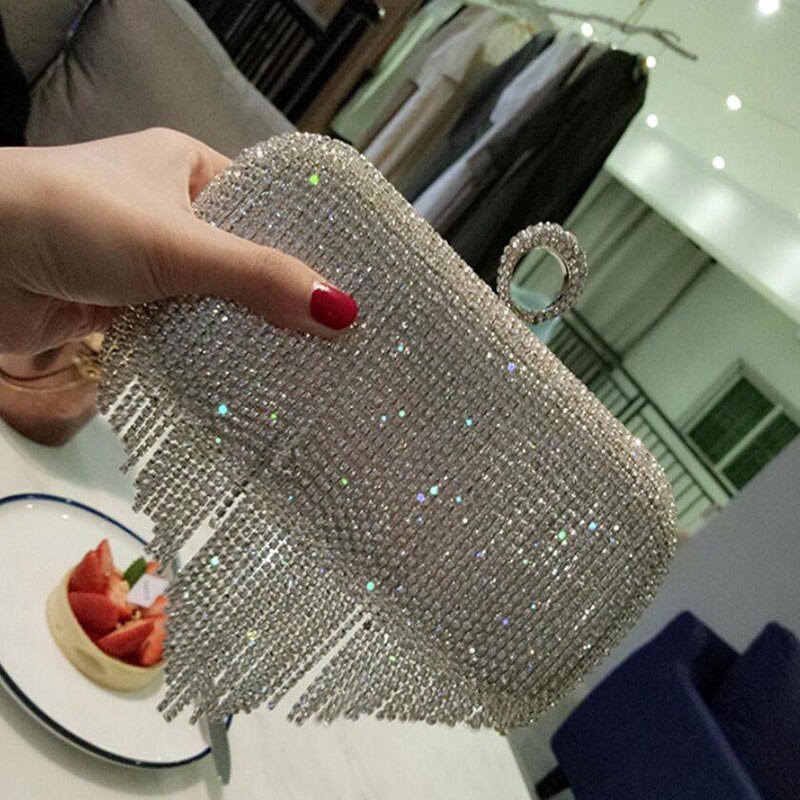 Mode Diamant Kwastje Avondtassen Vrouwen Handtassen Wedding Party Mini Clutch Purse Rhinestone Vrouwelijke Diner Zilveren Tas FT336