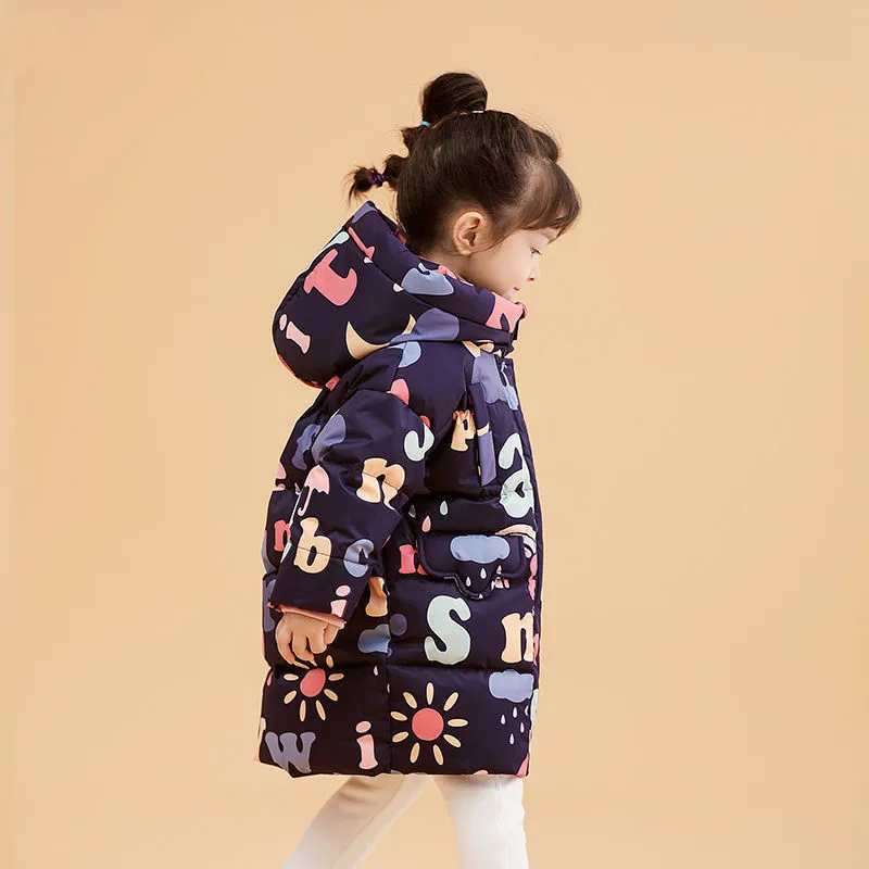 Korean Graffiti Cotton-padded Jacket Baby Girls Mid-length Thick Warm Cotton Jacket Winter Printed Letters Windproof Parkas: Transparent / 100cm