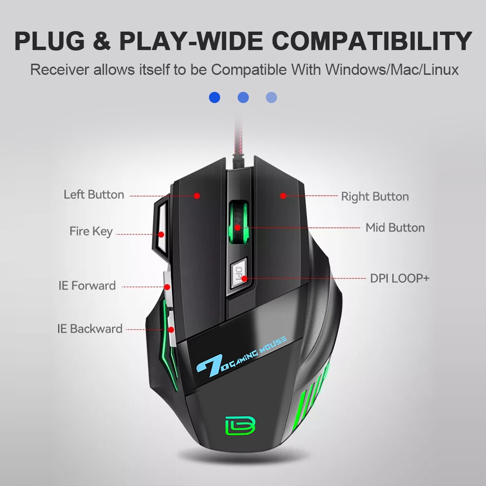 BAJEAL G5 Wired Mouse 7D RGB Luminous Gaming Mouse 7 Buttons 3200 DPI USB Mechanical Mice for Windows 2000 XP Win 7 8 10