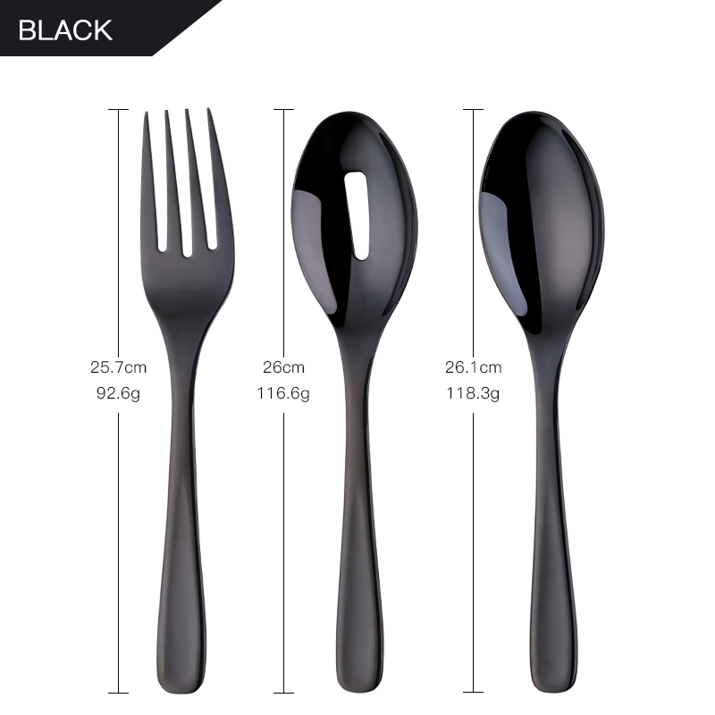 3Pcs/set 18/8 Stainless Steel Gold Flatware Big Size Long Handle Serving Salad Spoon/Fork/Colander Salad Set Kitchen Utensils: black