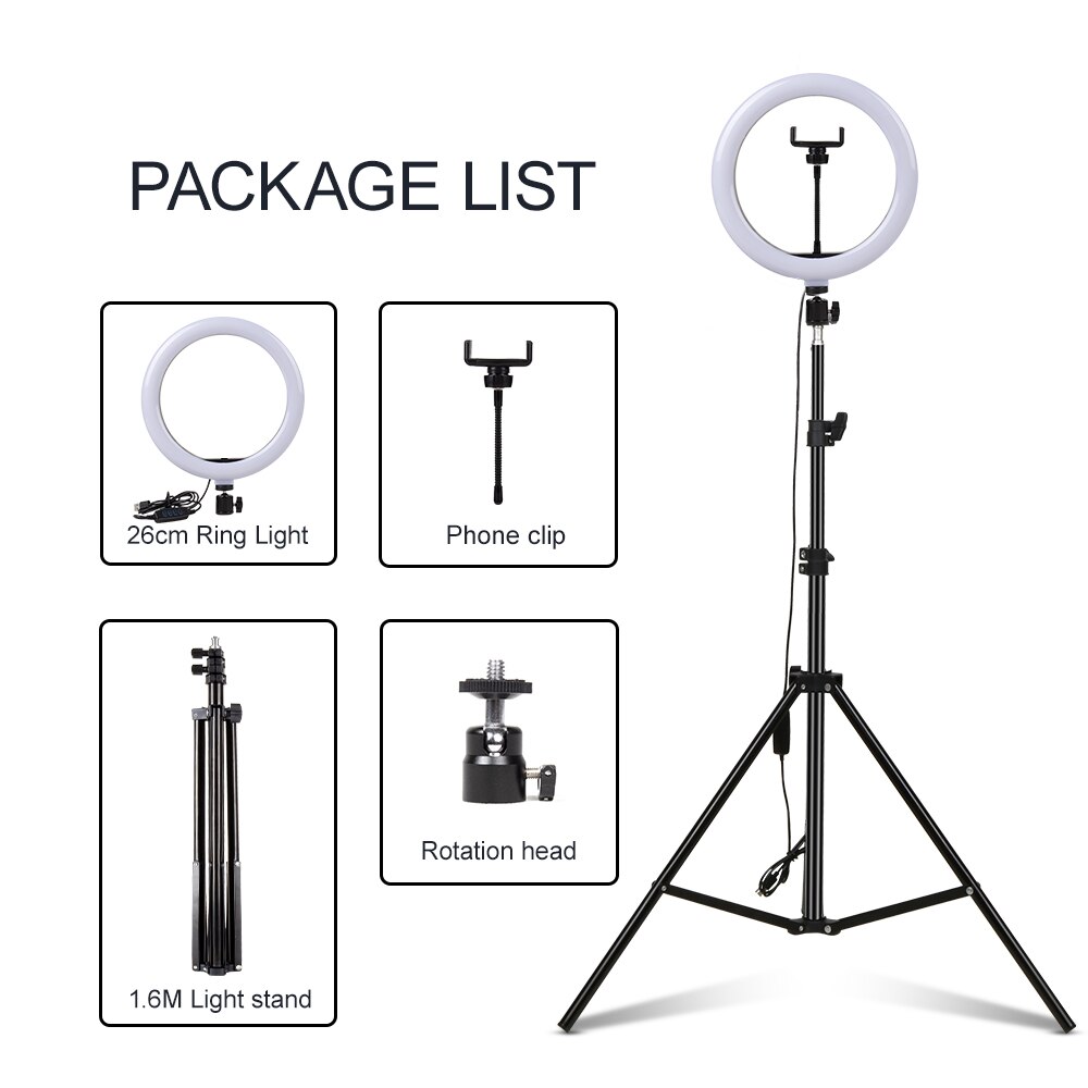 LED Makeup Light Ring 5500K Dimmable Photographic Lighting With Tripod Stand LED Lamps Selfie Phone Ring Light For Video Camera: 10 inch 1.6cm set 2
