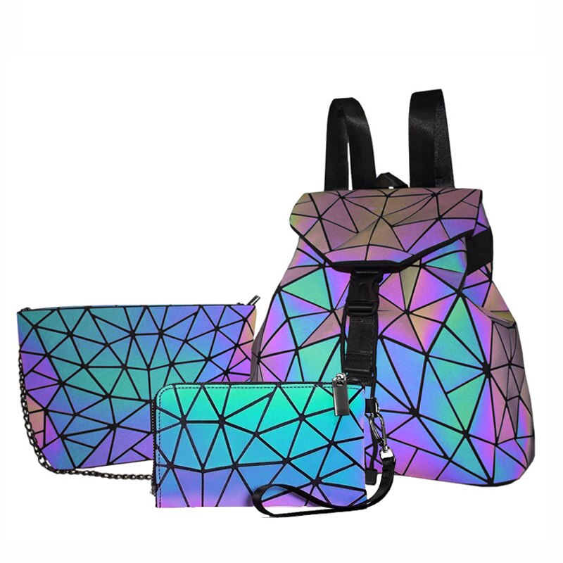 Luminous Backpack School Women Bags Set Holographic Geometric Backpacks Female School Bag For Teenage Girls Student Rucksack