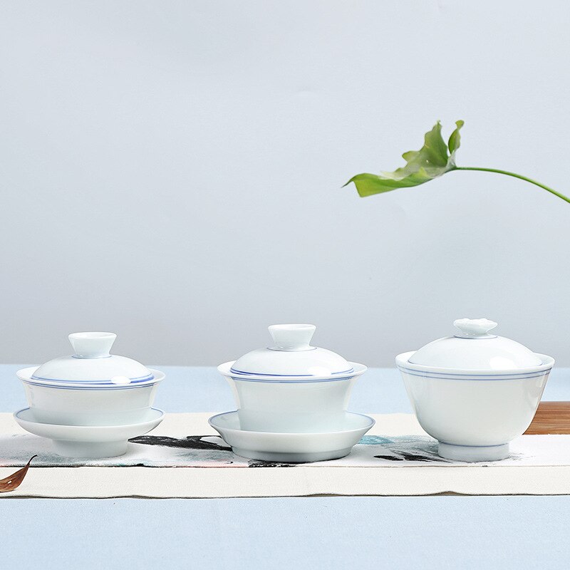 Jingdezhen Handgeschilderde Thee Sets, Wit Porselein Covers, Thee Kommen, hoogwaardige Kungfu Thee Accessoires, Drie Kopjes Grote Maat