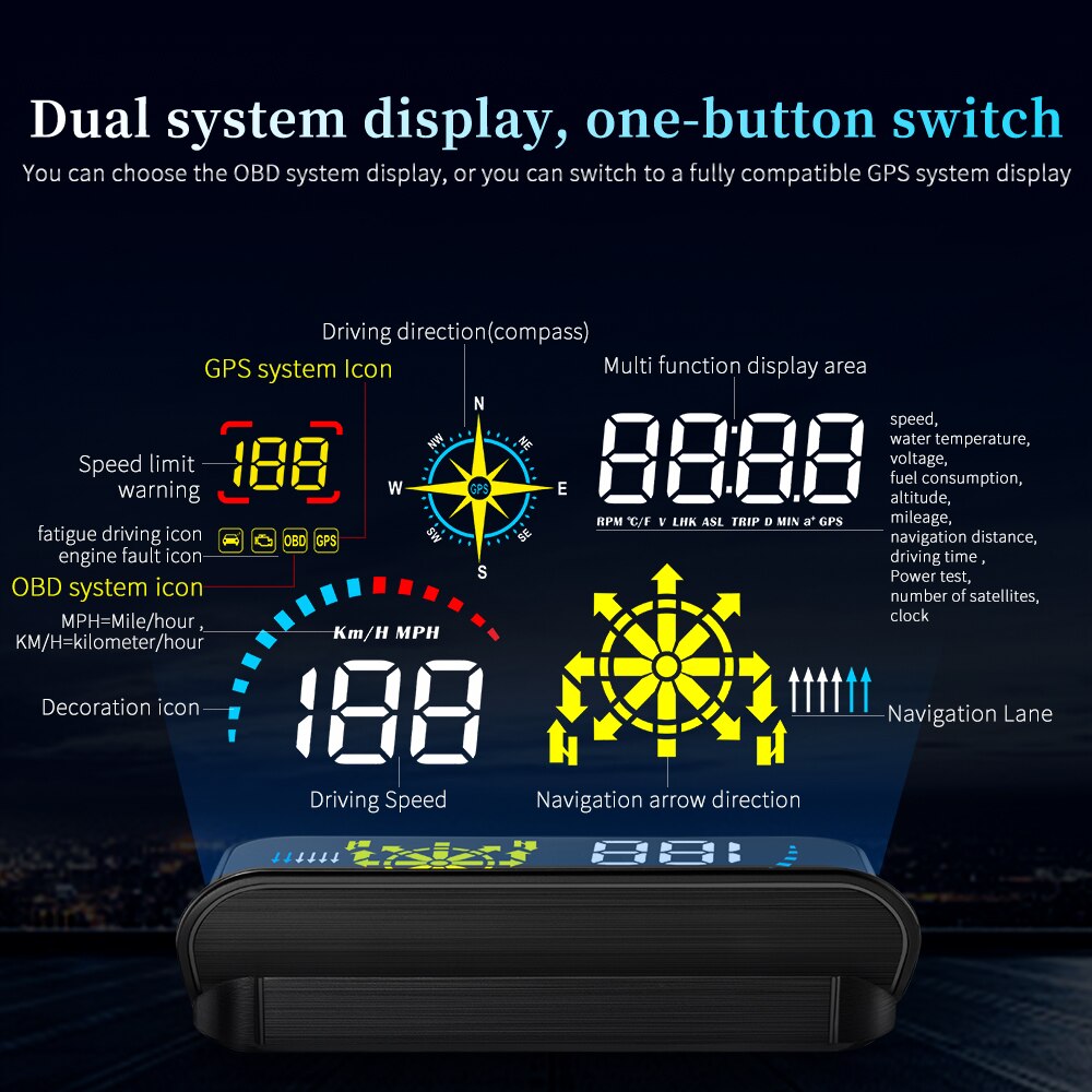 Universal GPS Navigation HUD Projector On Car Glass Digital Car Speedometer Head Up Display OBD2 Water &amp; Oil Temp RPM Auto Alarm