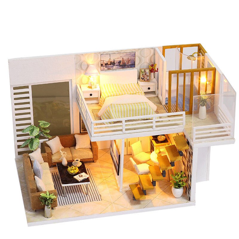 3D Sweet Mini Double Entry House DIY Deluxe Kitchen Living Room Bedroom Bathroom With Lights Doll House Handmade