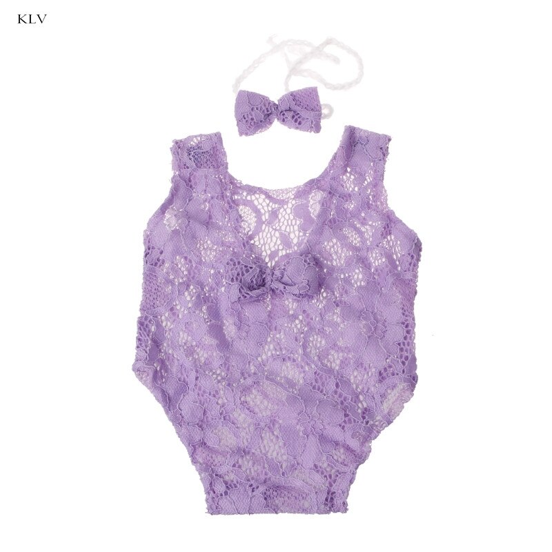 Baby fotografering rekvisitter backless hule bowknot blonder romper nyfødte piger outfit: Lavendel