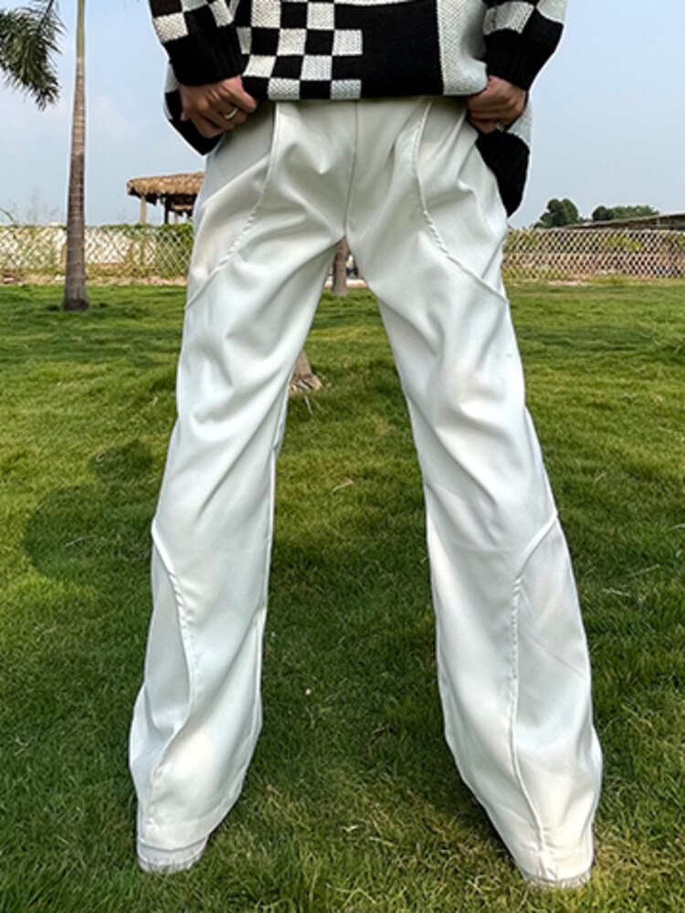 Pfnw Onregelmatige Wit Pak Broek Mannen Hihg Straat Casual Broek Lente Rechte Solid Cozy Flared Broek Mannelijke