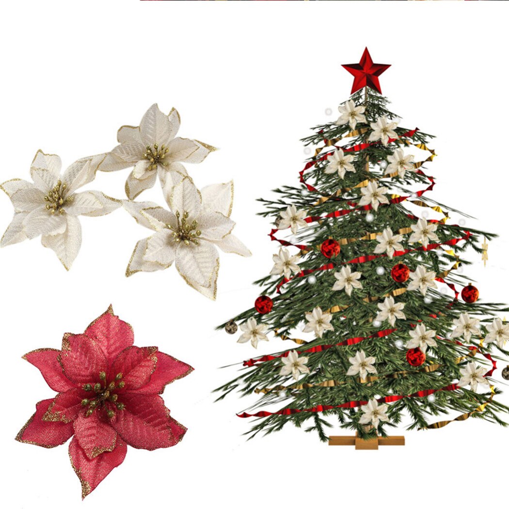 10 PCS Kerst Bloemen Kerstboom Decoraties Glitter Bruiloft Kunstbloemen Decor Xmas Home Decor