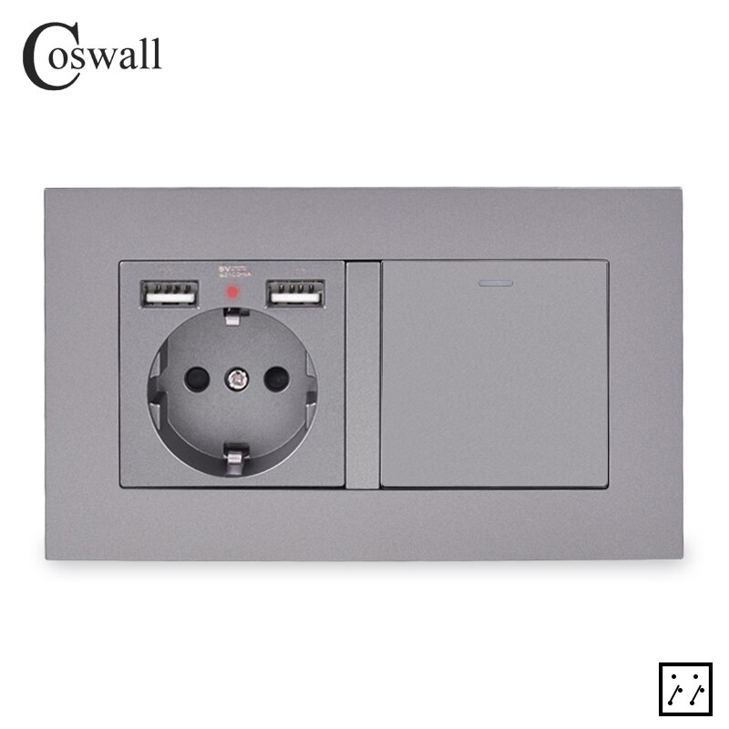 COSWALL EU Russland Spanien Steckdose Mit 2 USB Ladung Hafen + 1 Gang 3 Weg Auf/aus Zwischen Überkreuzung Licht Schalter PC Tafel: grau