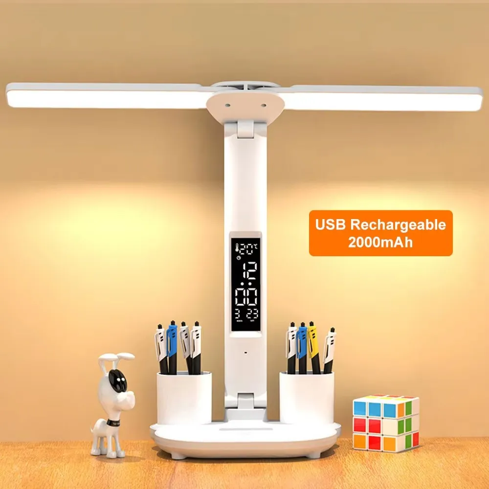 ledet-klokkebordlampe usb-ladbar dimbar skrivebordslampe 2 hoder 180 roterbar sammenleggbar øyebeskyttelse skrivebordslesenattlys: Blå