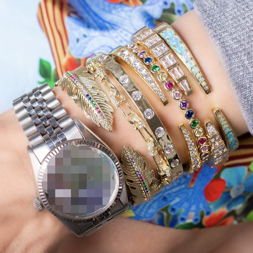 Gold silver color 5A sparking bling cz safety pin link chain bracelet for women 15+4cm extended