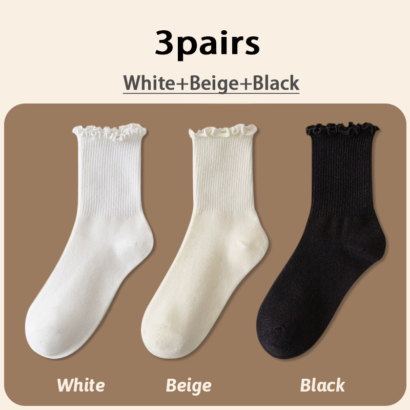 Calcetines con volantes para mujer, 3 par/lote, tubo medio hasta el tobillo, Calcetines blancos y negros transpirables, Calcetines femeninos para primavera y otoño: Beige