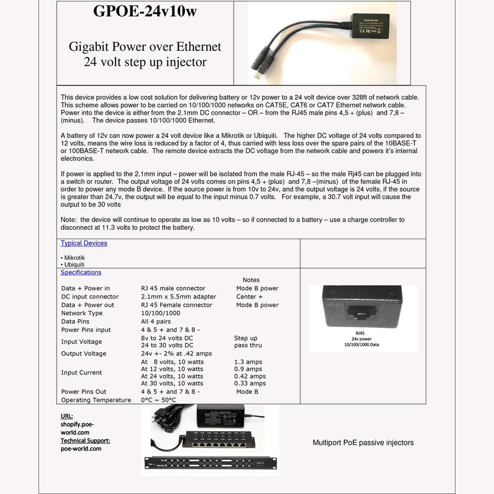 24V Gigabit PoE Converter Input12-30V , Output 24V PoE set up injector for MikroTIk, Ubiquiti, 12V Solar Controller