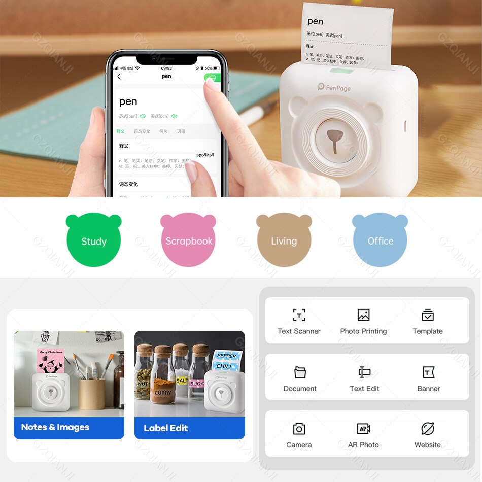 PeriPage A6 Portable Thermal Bluetooth Printer Picture Photo Mini Label Sticker Wireless Printer for Android IOS Paper Rolls