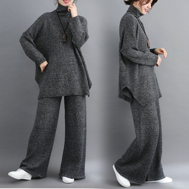 Plus Size Women 2 Pieces Pant Sets Casual Turtleneck Knitted Sweaters Pullovers And Wide Leg Pant Suits