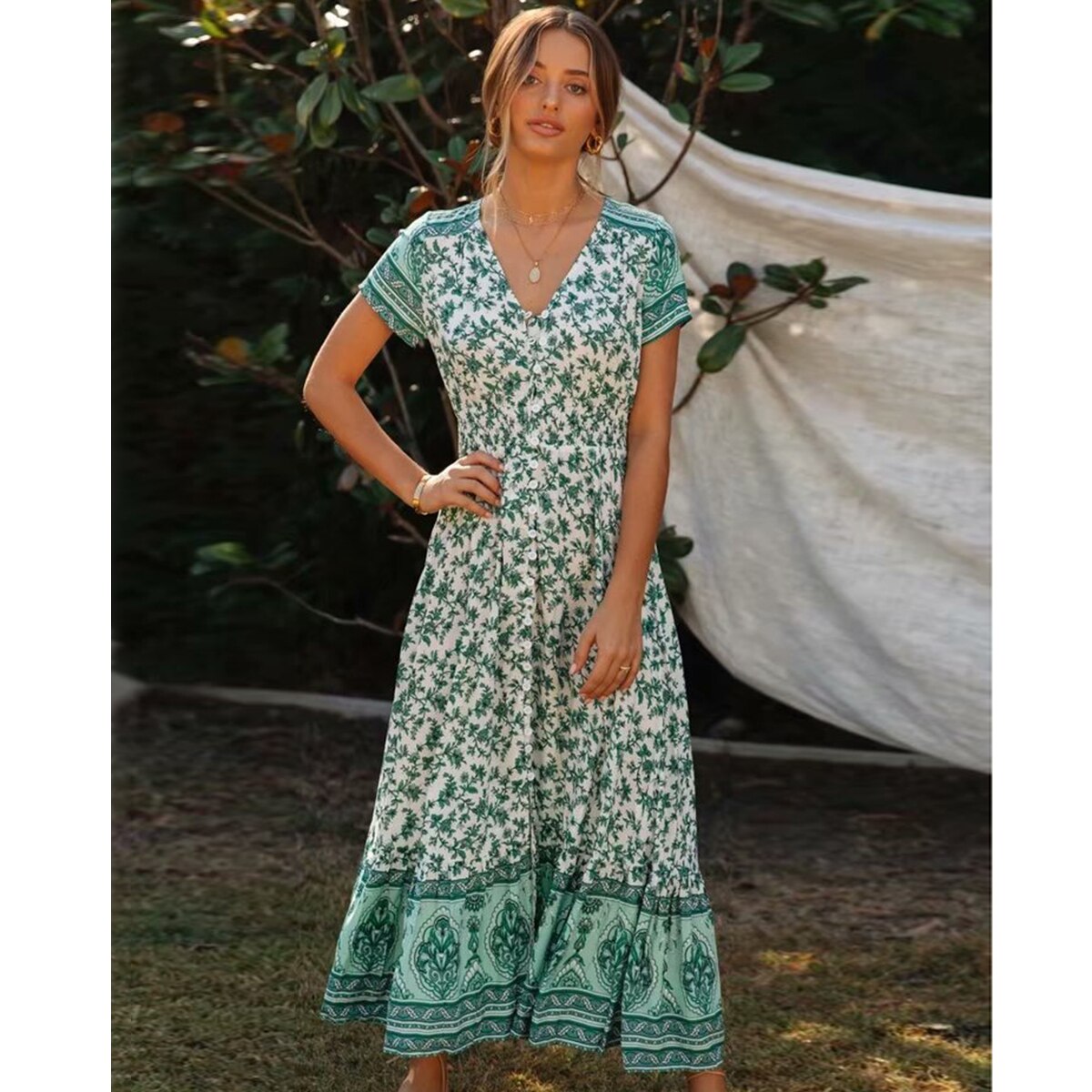 Bloemen Gedrukt Hippie Maxi Jurk Korte Mouwen V-hals Vintage Vestidos Zomer Beach Boho Casual Kleding lange Vrouwen Jurken