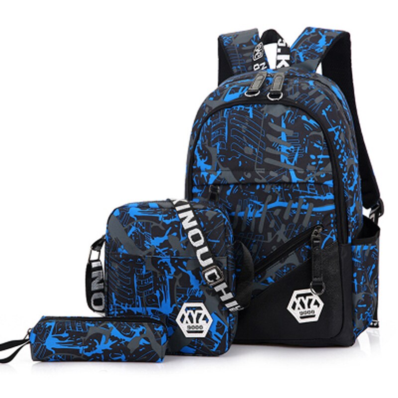 3 Stks/set Mannen Reizen Rugzakken Camouflage Afdrukken Schooltas Rugzak Canvas Schooltassen Voor Tiener Jongens Studenten Tas Terug: blue