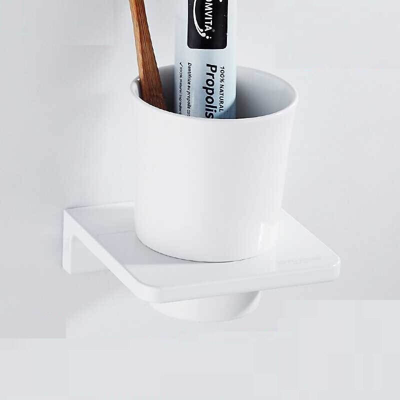 Matt Black Toothbrush Holder Wall Mounted Toothbrush Cup Holder wthite Solid space aluminum Shelves With Single Ceramics Cup Set