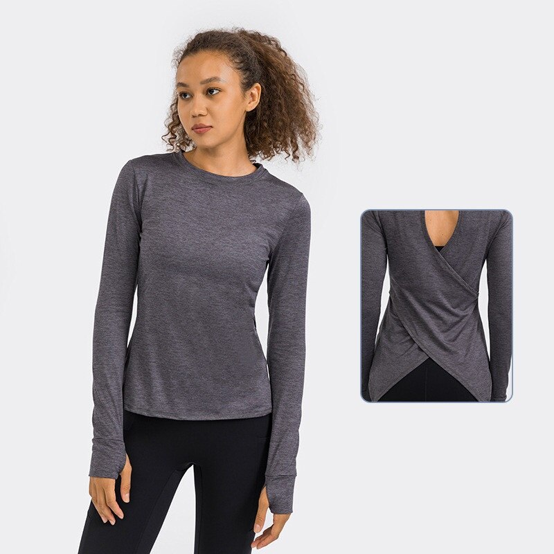 Fitness Vrouwen Lange Mouwen Yoga Shirt Vrouwelijke Sport Top Gym Kleding Slanke Ronde Hals Ademende Hollow Terug Duim Jack running