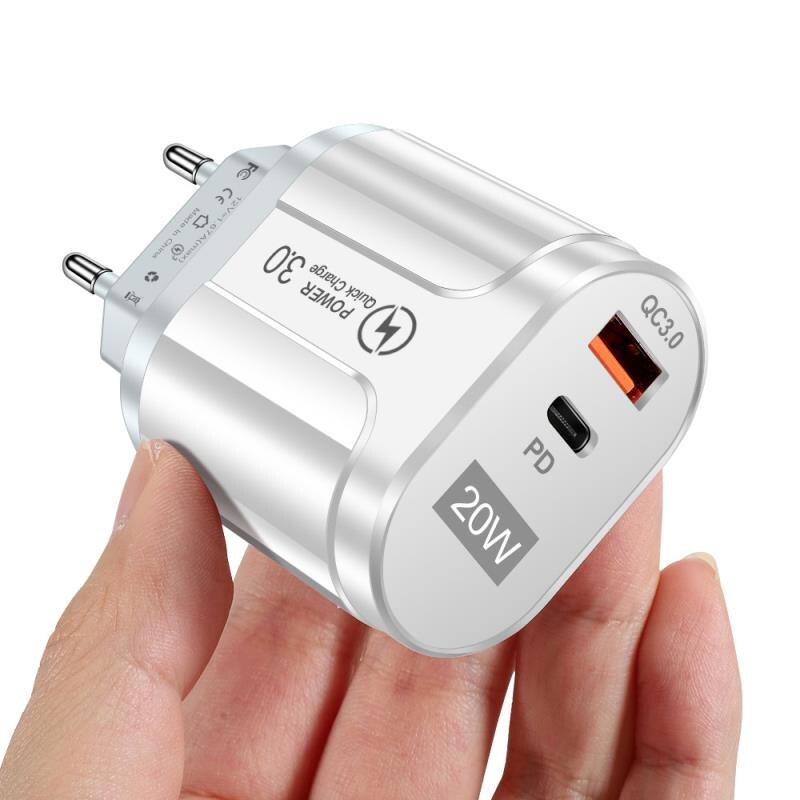 Fast Charging 20W PD Charger QC3.0 for iPhone Android Mobile Phone USB Charger USB-A+Type-c Dual Ports Phone Charger PD Charger: White EU