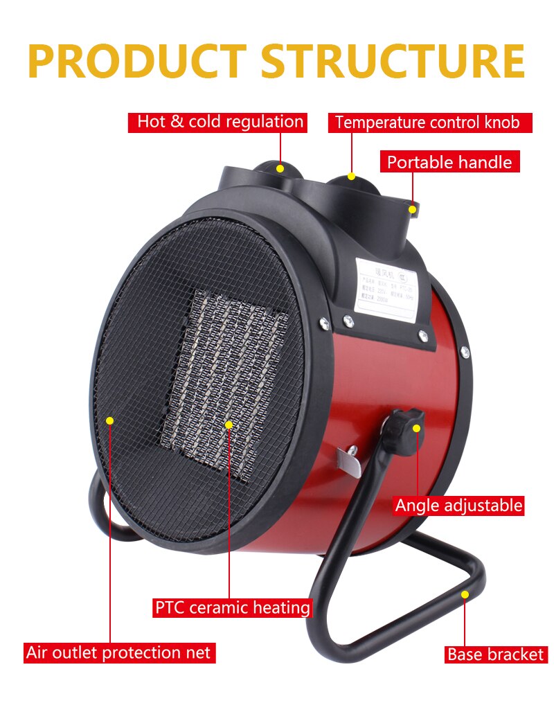 Portable Industrial Electric Heater Thermostat Air Warmer Radiator Room Heater 2KW Fast Heat 3 Gear Adjust Overheat Protection