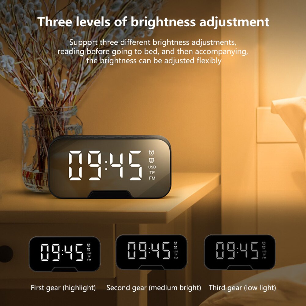 LED Mirror Alarm Clock Sound-Activated Clock Multifunction Rechargeable Bedside Music Clock Dual Alarms with Snooze Function