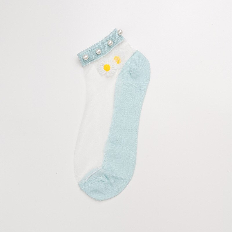 Breathable Thin Socks Women Summer Transparent Lace Socks with Pearl Lady Glass Silk Cotton Mesh Daisy Socks Nylon Ankle Socks: Light blue