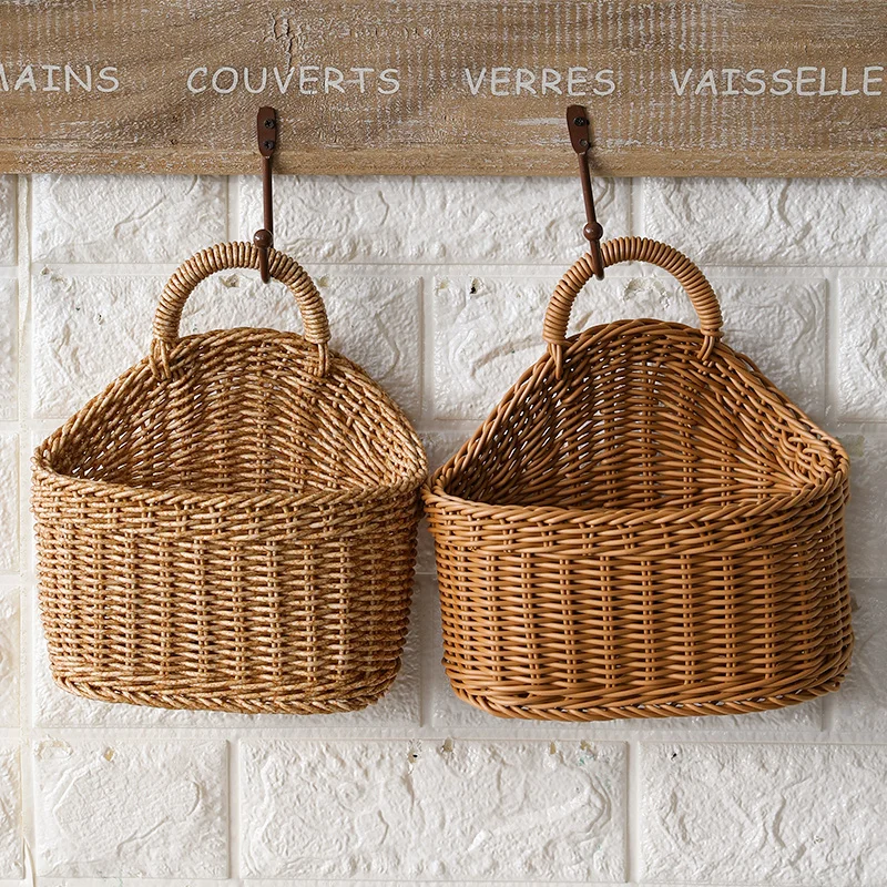 Keuken Opslag Mand Met Handvat Geweven Opknoping Manden Voor Woonkamer Fruit Diversen Organizer Home Decor Hand Geweven Manden