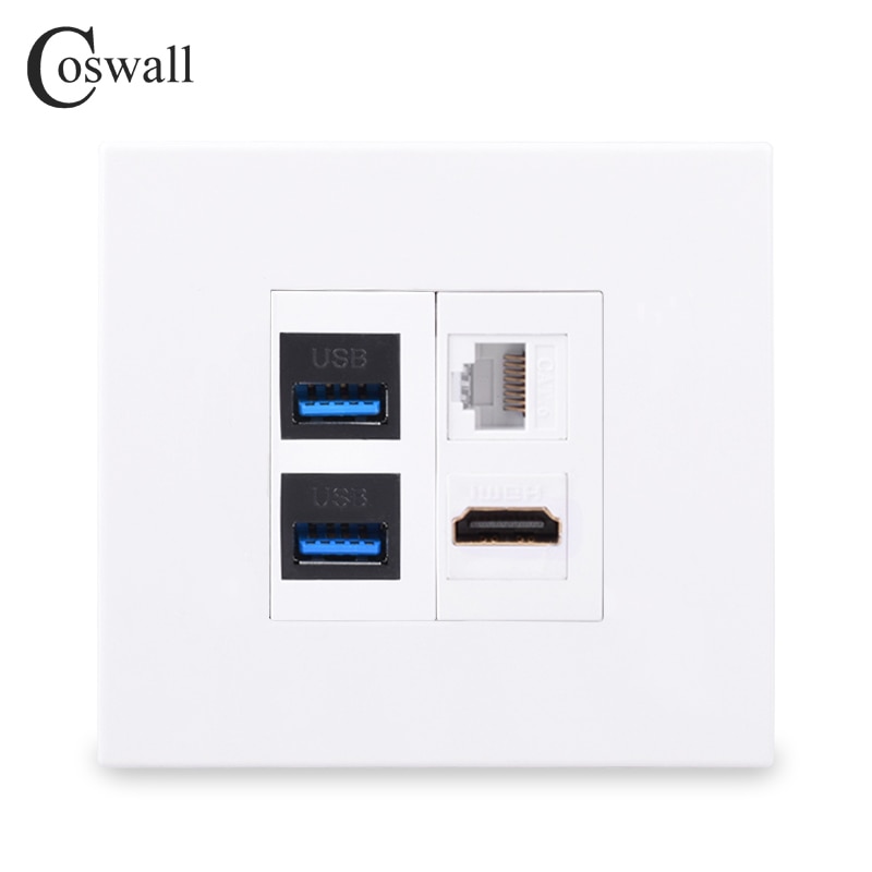 Coswall PC Panel EU / UK Standard Wall Panel Female to Female HDMI-compatible 2.0 &amp; 2 USB 3.0 Port + CAT6 RJ45 Internet Socket