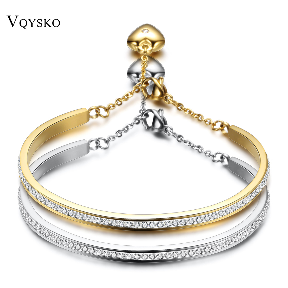 NIBA Gold-Color Cuff Bangle For Women One Row Crystal Stainless Steel Bracelet Bangle Jewelry Adjustable Chain