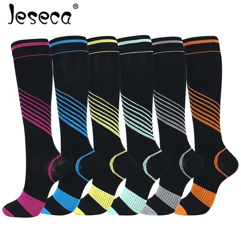 Jeseca unisex strømper kompresjon lang sox stripe trykk åreknuter strømpe kne støtte stretch trykk sirkulasjon