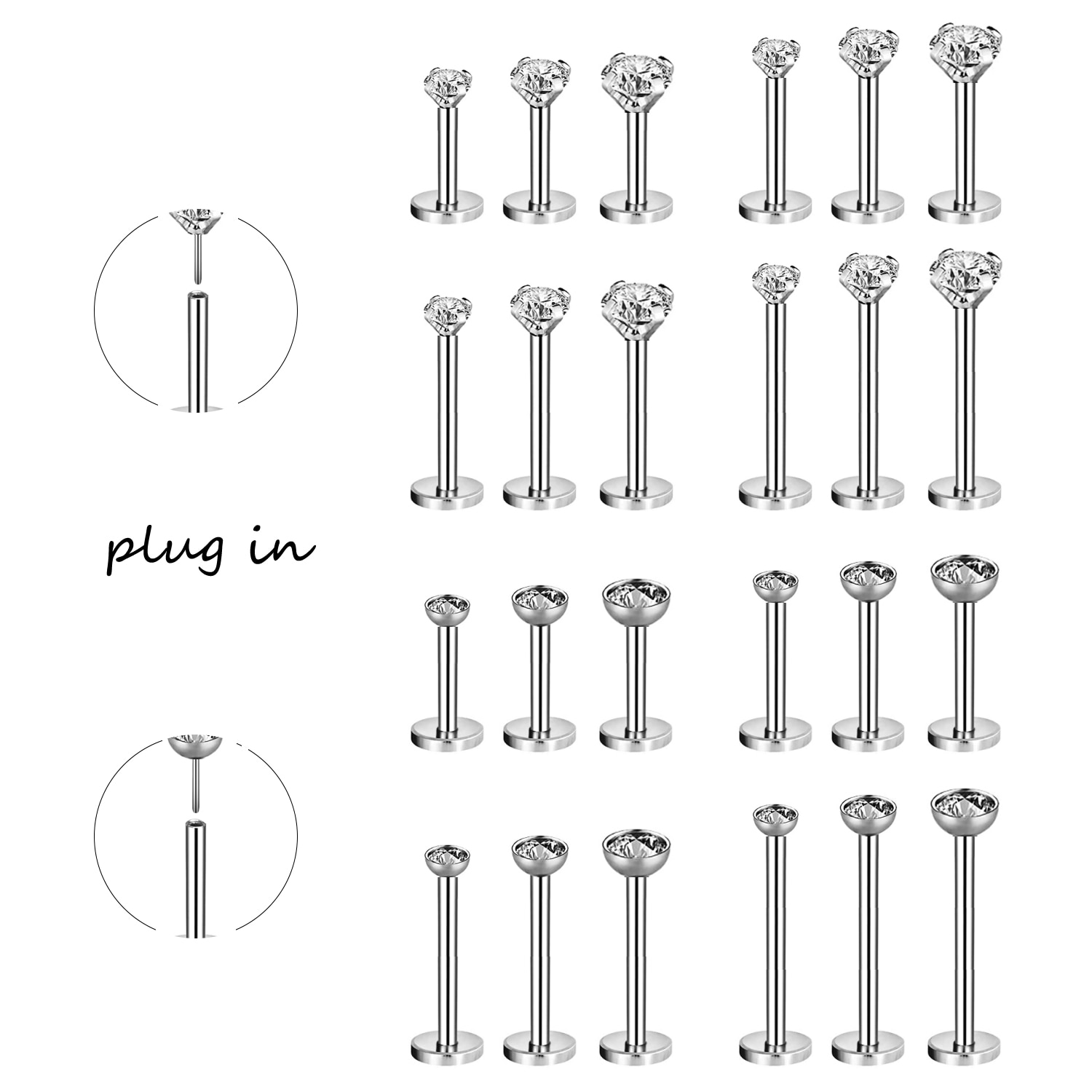 3Pcs/lot 16G Stainless Steel Lip Labret Piercing Set Crystal Monroe Lip Stud Ring Tragus Helix Conch Cartilage Earring Piercing