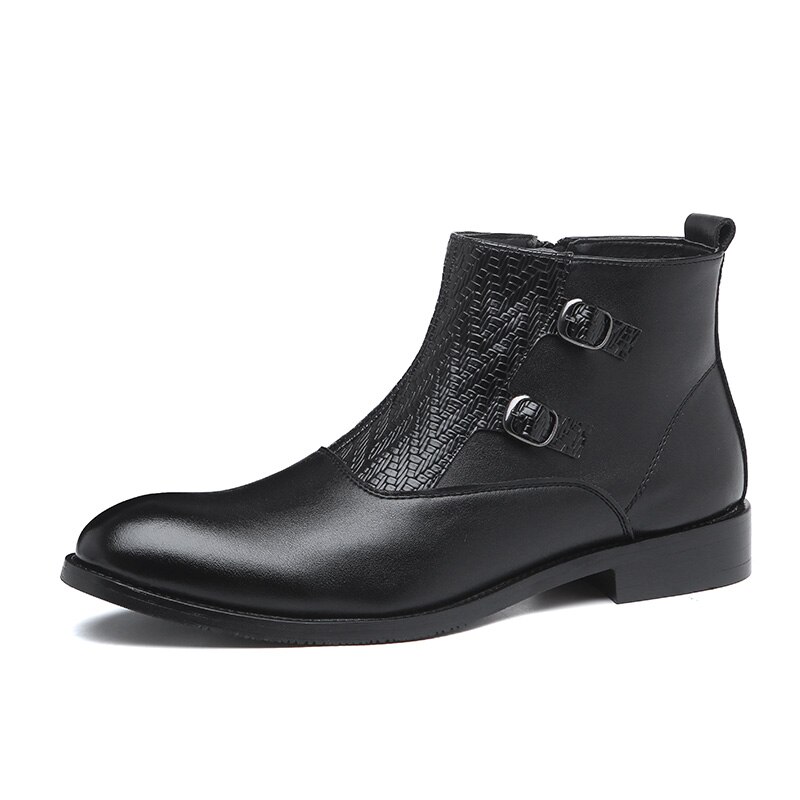 Dragkedja ankelstövlar metallspänne chelsea boots herr spetsiga tå plattor halkfria slitstarka cusual läderskor