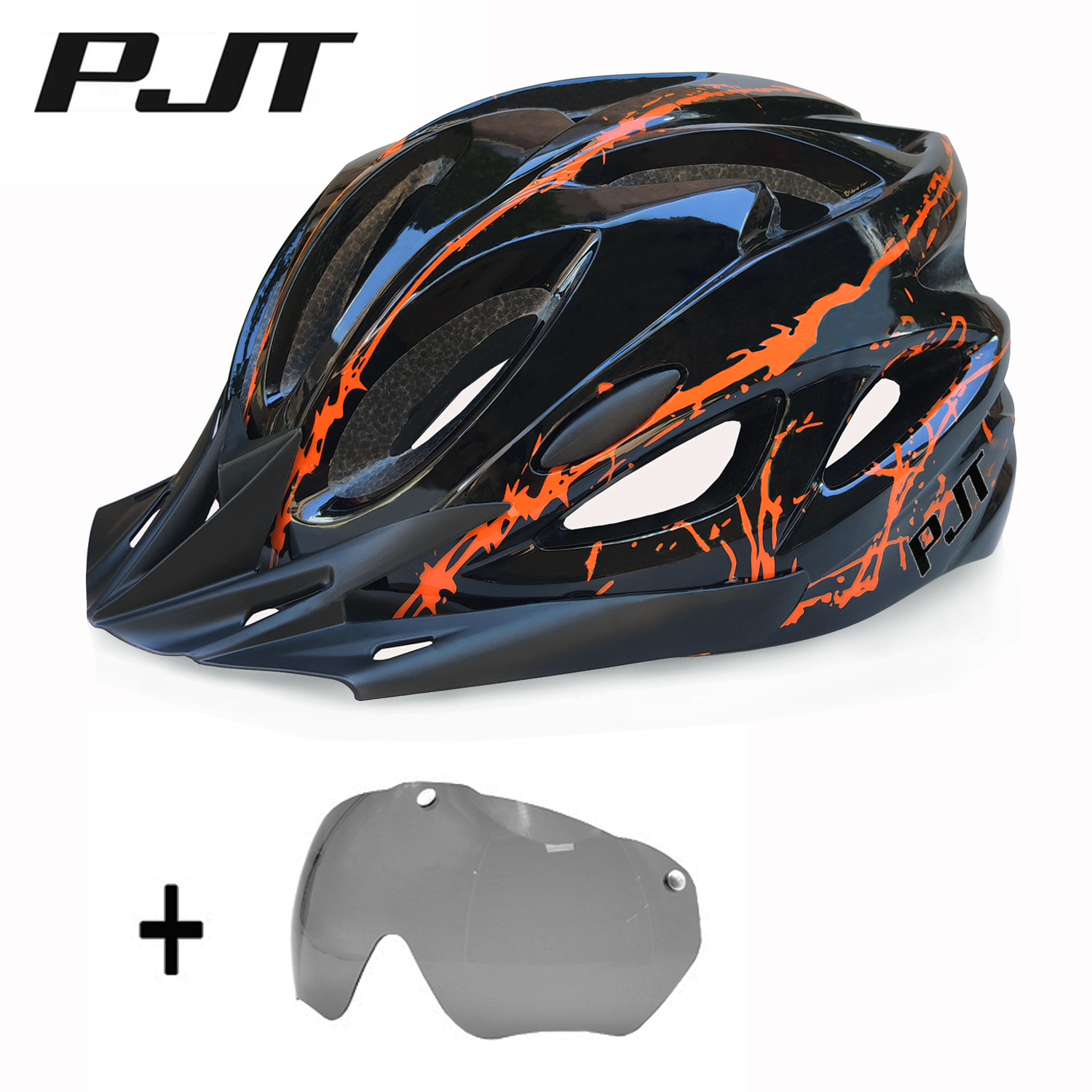 PJT 4-1 Bike Helmet With Magnetic Goggles UV400 Lens And Sun Visor Bicycle Helmet Road MTB Sunglasses Shield Cycling Helmets: black