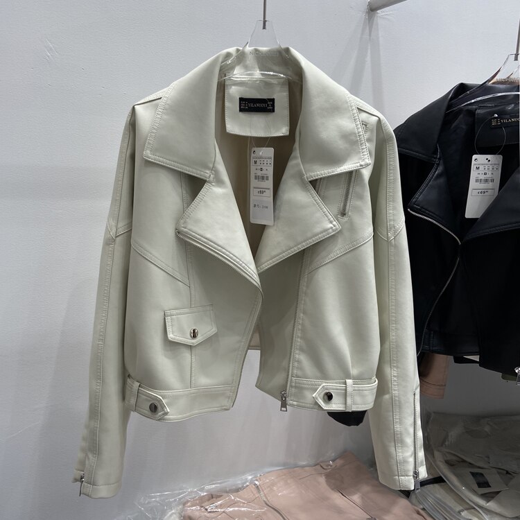 FTLZZ-Chaqueta corta de cuero sintético para mujer, ropa informal suelta para Moto, prendas de vestir de piel sintética suave, primavera y otoño: Beige / S