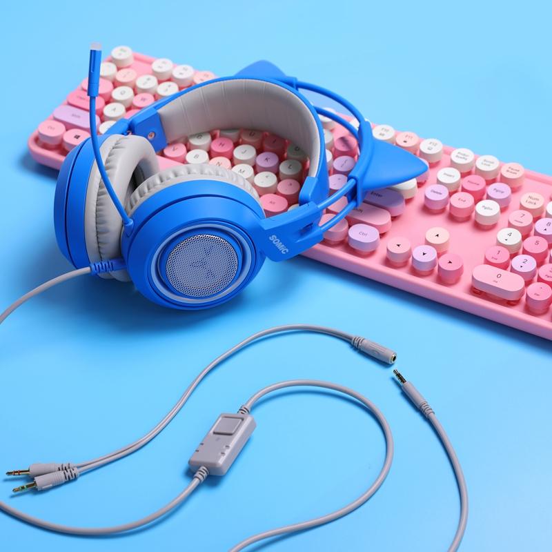 Somic G952s Blue Gaming Headset Lovely 3.5mm Wired Earphone Bass Vibration Noise Cancelling Headphones for PC Gamer with Mic