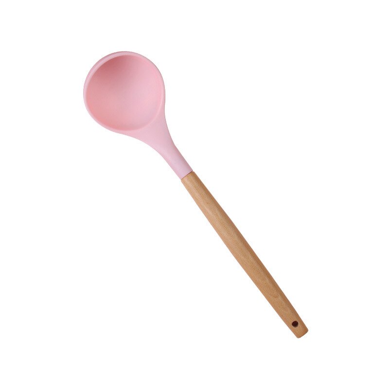 Cuchara de silicona antiadherente para el hogar, utensilios de cocina resistentes al calor con mango de madera, cucharas para sopa, arroz, leche, utensilios para hornear: pink