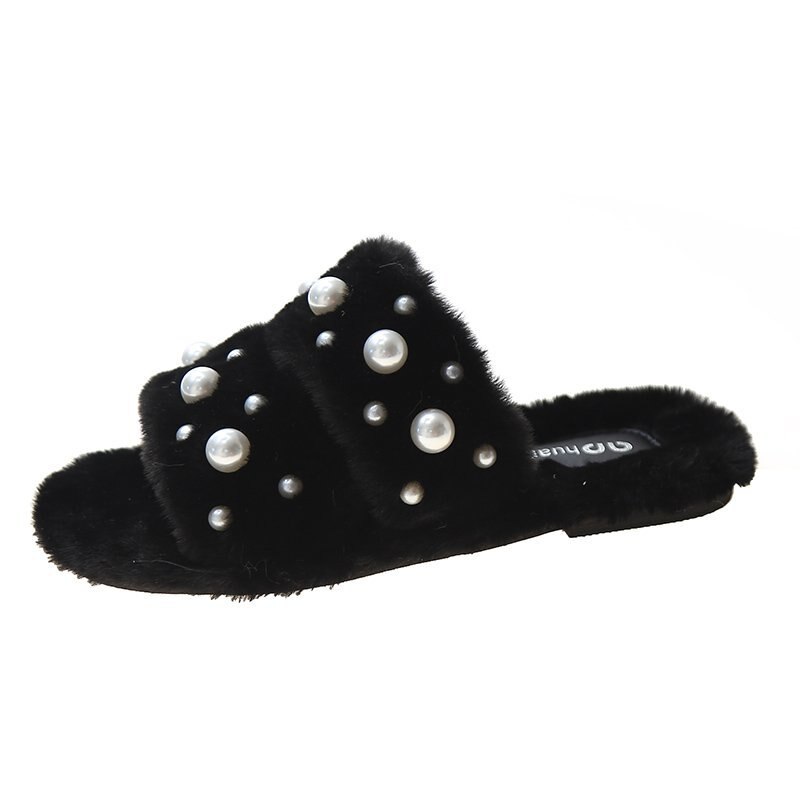 Tekoturkis lämpimät kengät talvi naiset helmi karvaiset tossut valkoiset sisätassut naisten kotiliukumäkiä mustat pehmotossut: Musta / 8.5