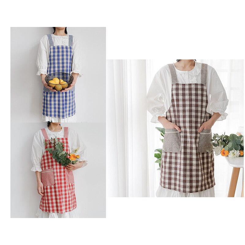 Japanse Stijl Katoen En Linnen Band Denim Rooster Geometrische Patroon Mouwloze Schort Volwassen Keuken Hand-Vegen Pocket Plaid