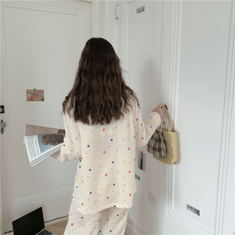 Pijama de algodón de lunares para mujer, ropa de dormir Coreana de manga larga, conjuntos de pijamas para mujer, traje de Rebeca