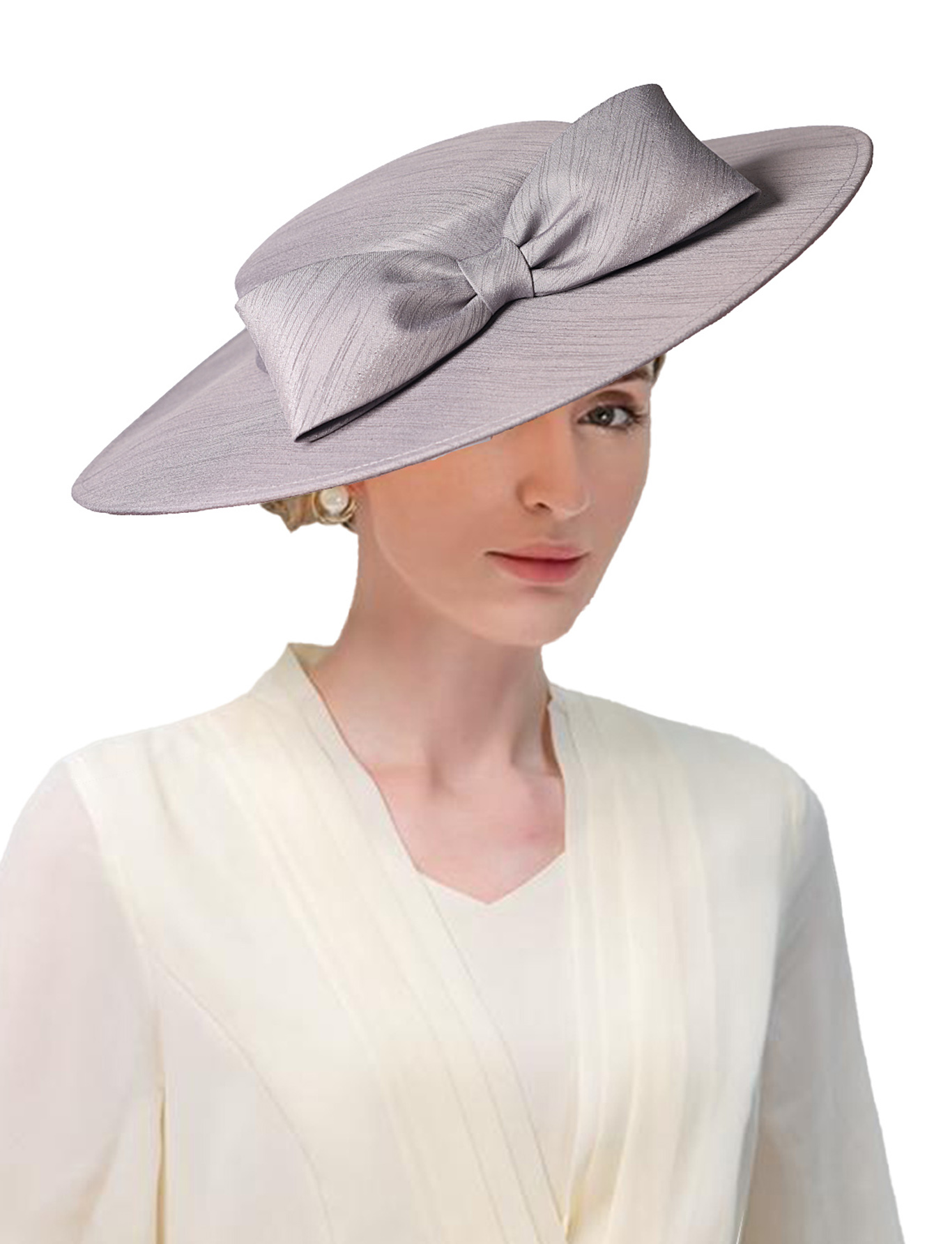 Tocados de ala ancha para iglesia, sombreros para mujer, lazo grande, gorra Formal de Kentucky, sombrero de fieltro plano para de té nupcial y boda: Gris