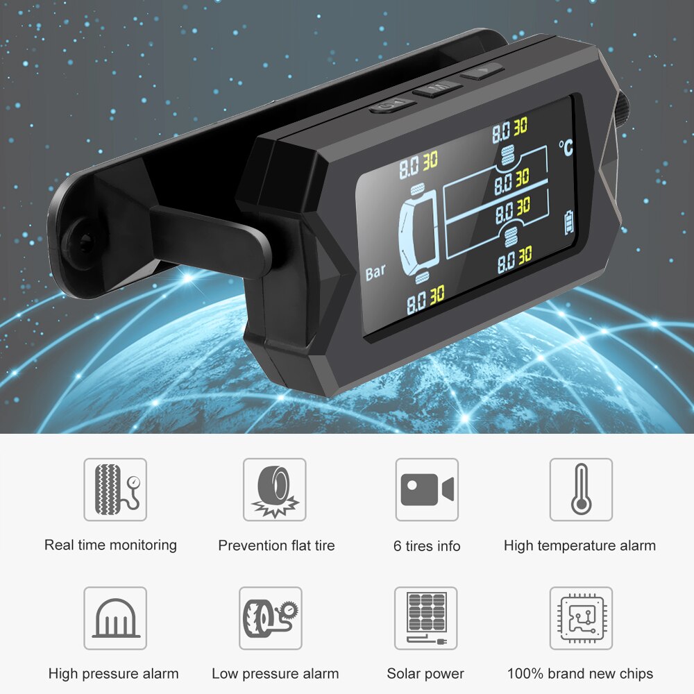 Auto Rv Truck Tpms Met 6 Externe Sensoren Draadloze Digitale Lcd Alarm Bandenspanningscontrolesysteem Solar Power &amp; Usb opladen