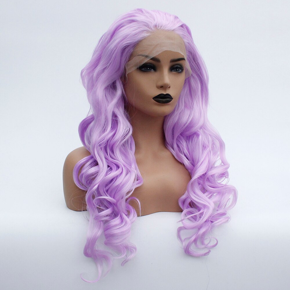Violet Long Loose Wavy Lace Front Wig Synthetic Hair Light Purple Glueless Body Wave Wig for Women Lavender Heat Resistant Fiber