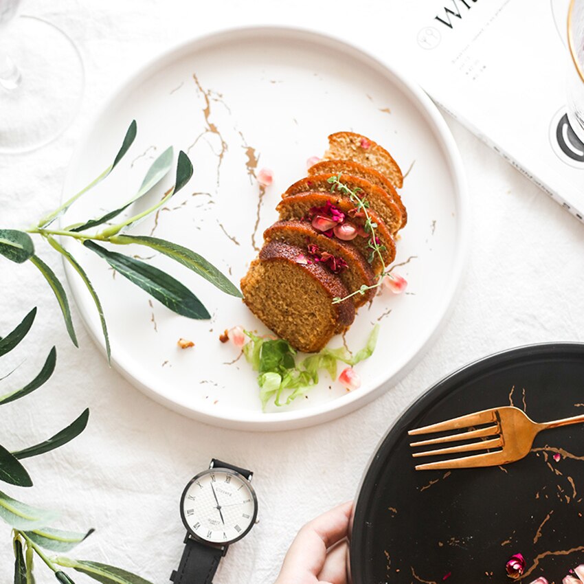 8-inch Porcelain Dinner Plates, Marble Pattern Round Serving Plate for Pasta, Snack, Dessert and Salad, White, Black