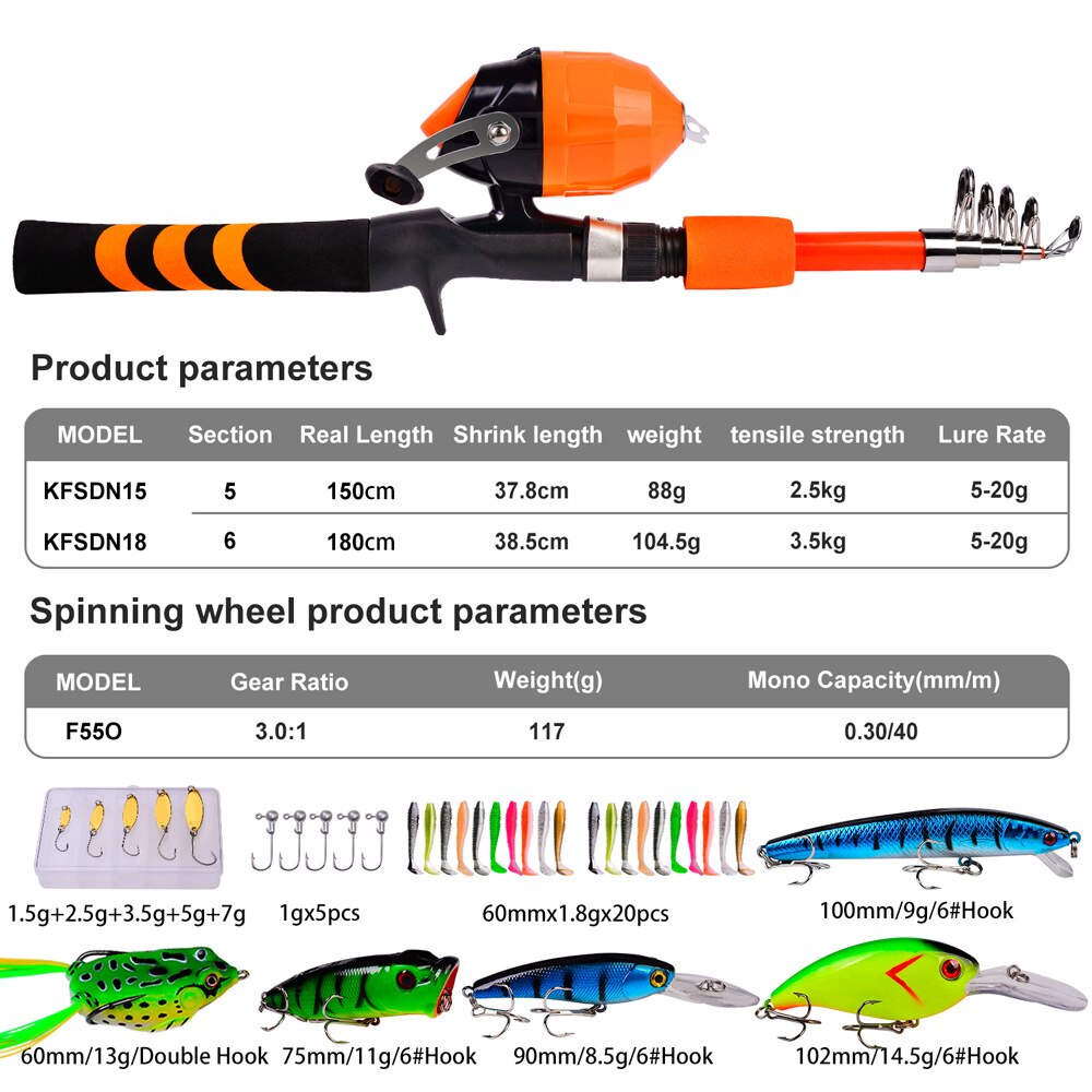 1KIT Kids Fishing Pole Portable&amp;Reel Set 1.5-1.8m Spincast Reel Telescopic Fishing Rod Lures Fishhooks Kit for Children Peche