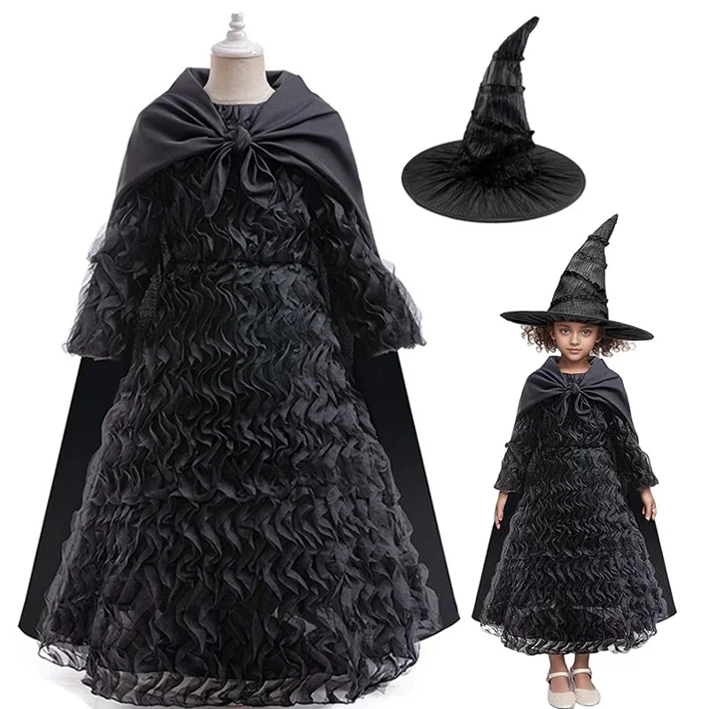 Malvado elphaba traje de halloween bruxa cosplay preto babados vestido manto luvas chapéu pontiagudo vestido da menina