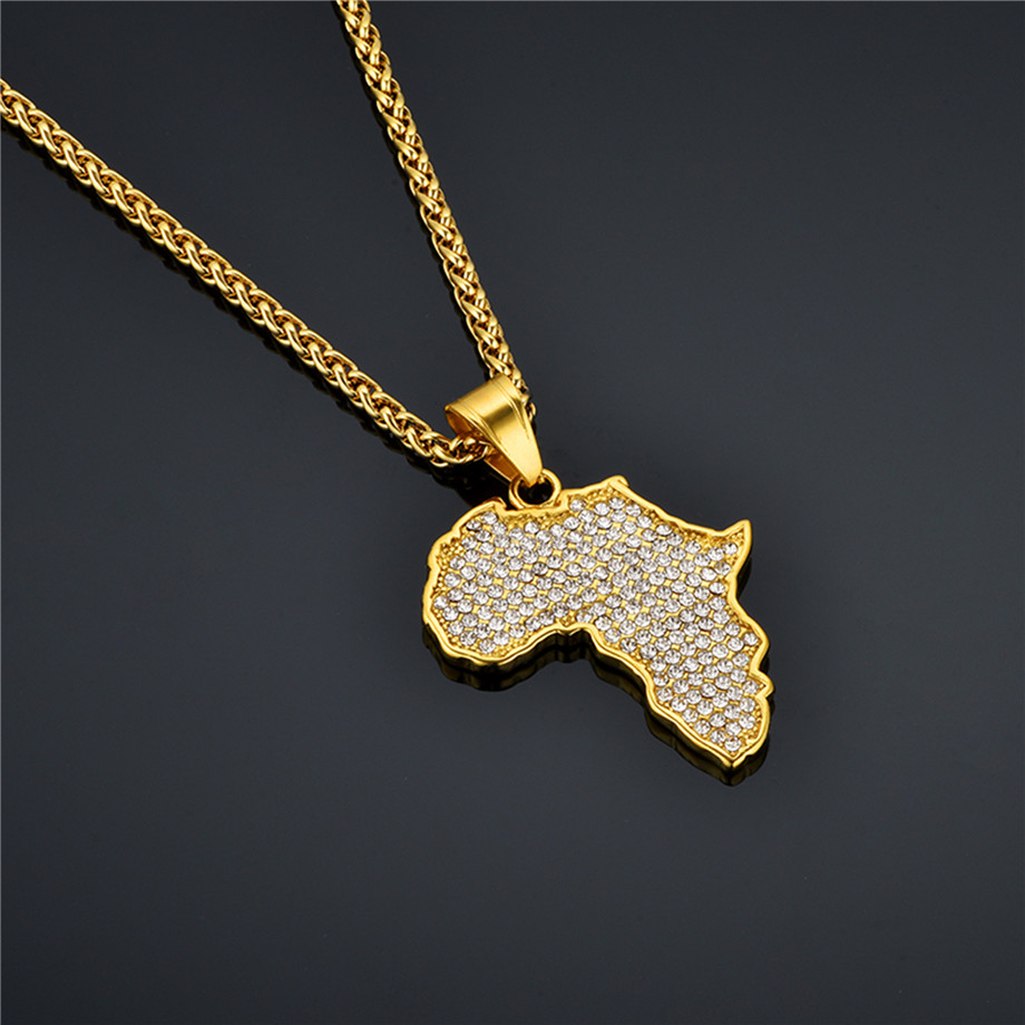 Collar con colgante de mapa de África para mujer y hombre, joyería etíope de acero inoxidable de Color dorado, artículo de hip hop de mapas africanos al por mayor N1279